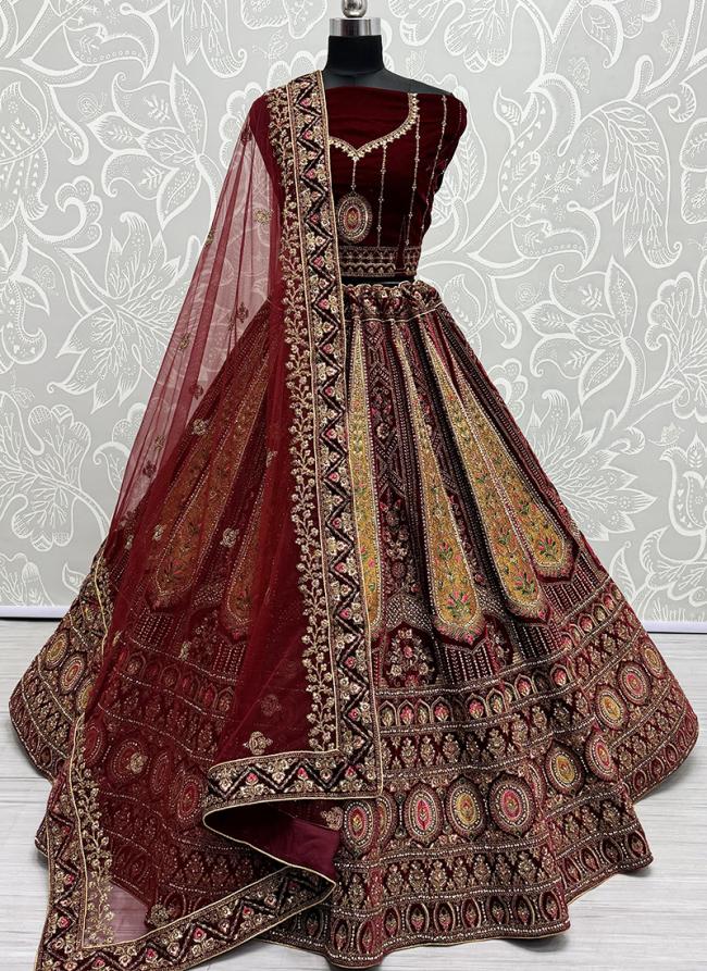 Velvet Maroon Bridal Wear Embroidery Work Lehenga Choli